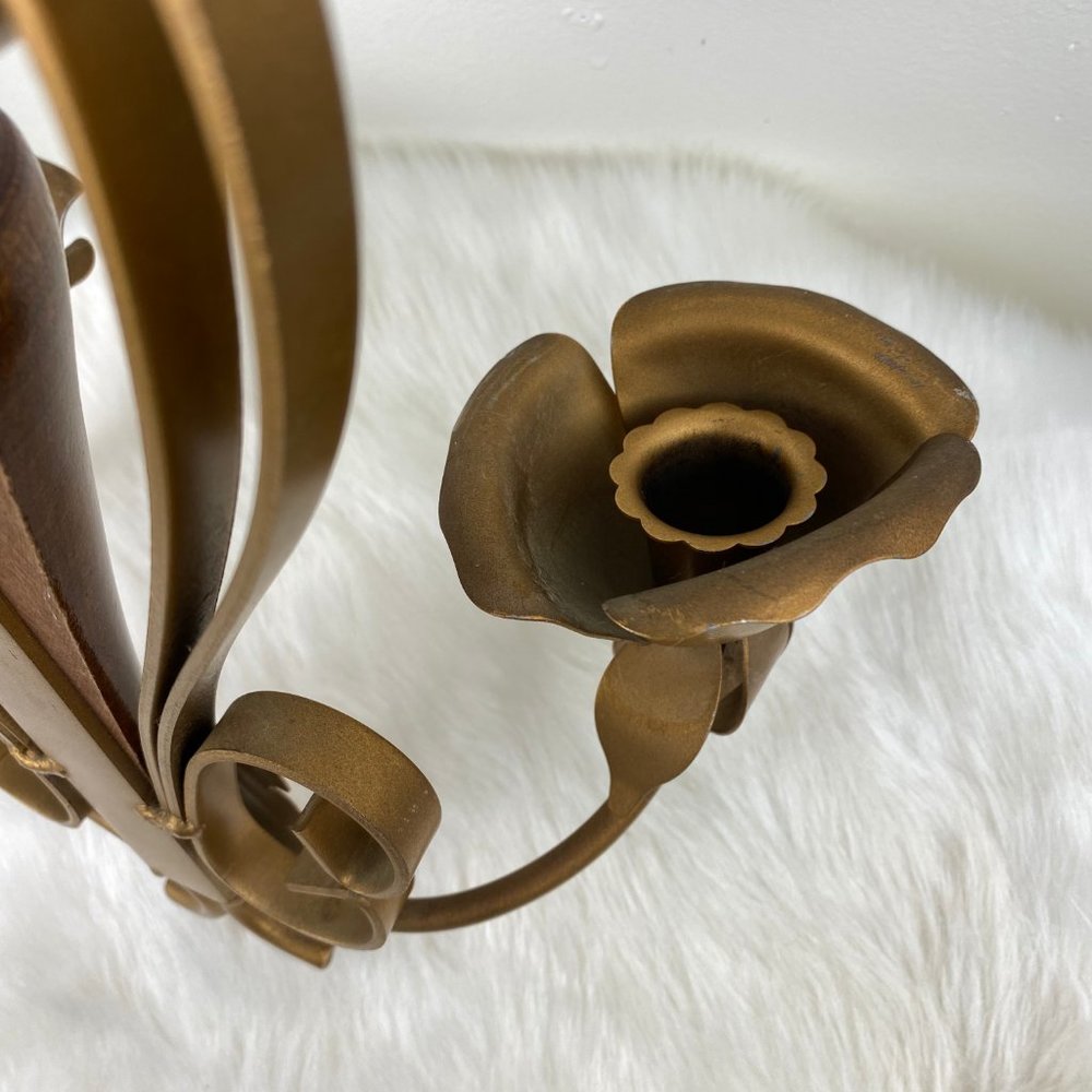 Vintage Wood & Brass Rose Candle Holder Wall Hanging 17.5" X 9.5" X 4" - Picture 8 of 10